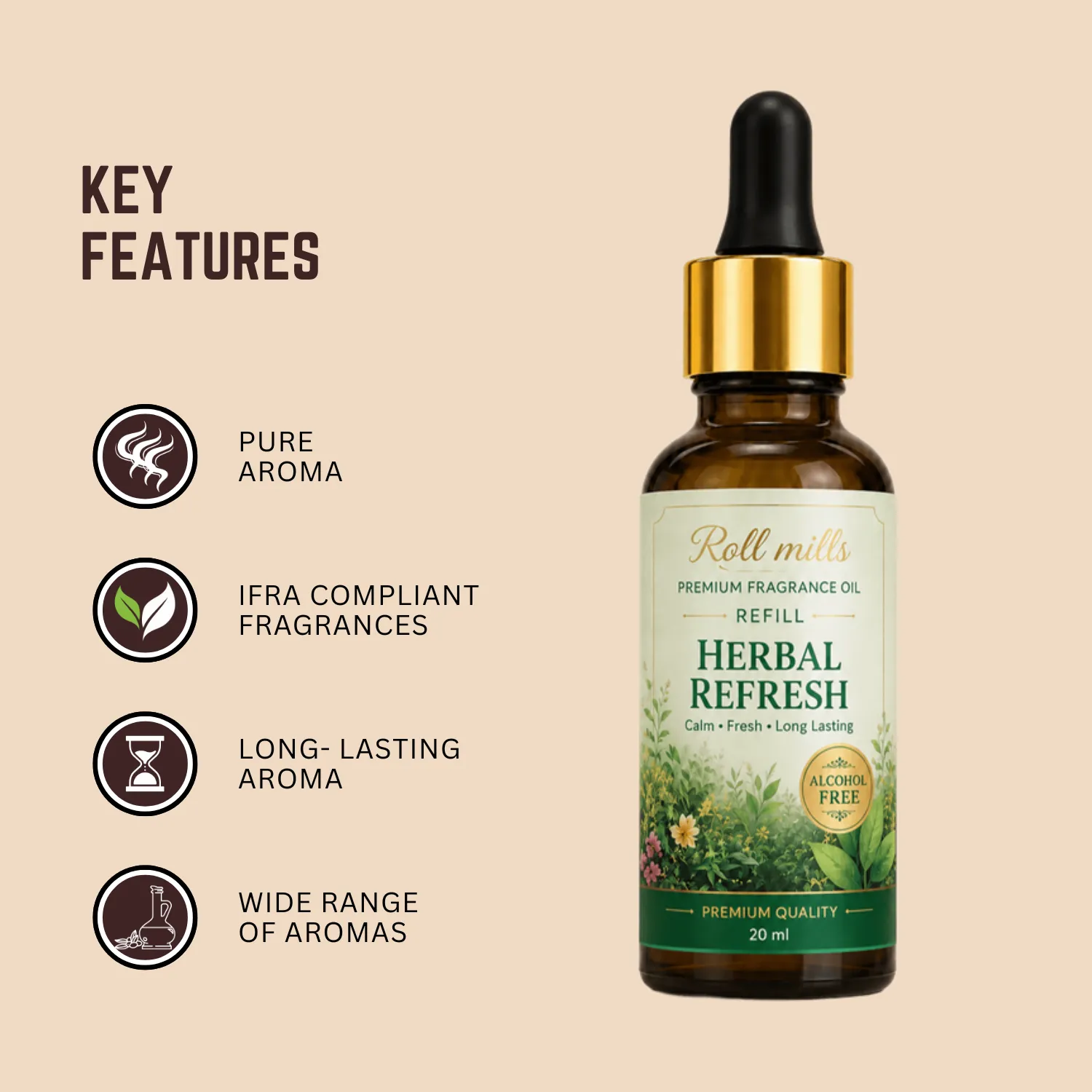 herbal refresh fragrance oil, alcohol free herbal, roll mills