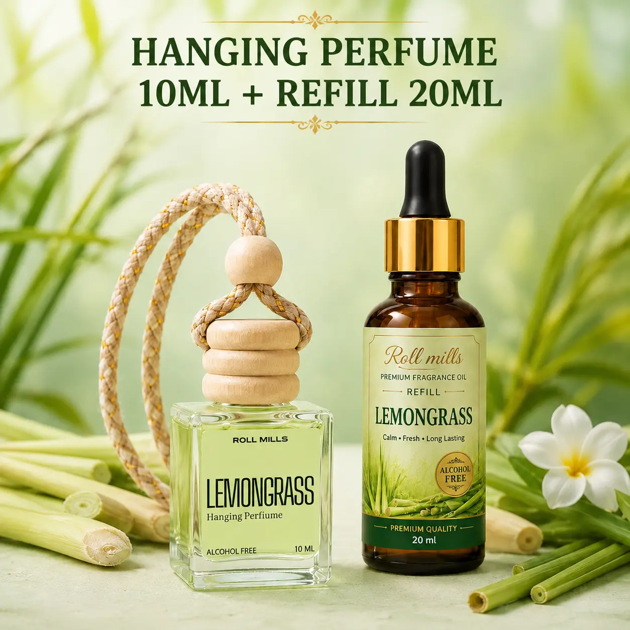Roll Mills 10ml Alcohol-Free Lemongrass Car Hanging Perfume – Fresh, Natural, Long-Lasting Aroma Diffuser