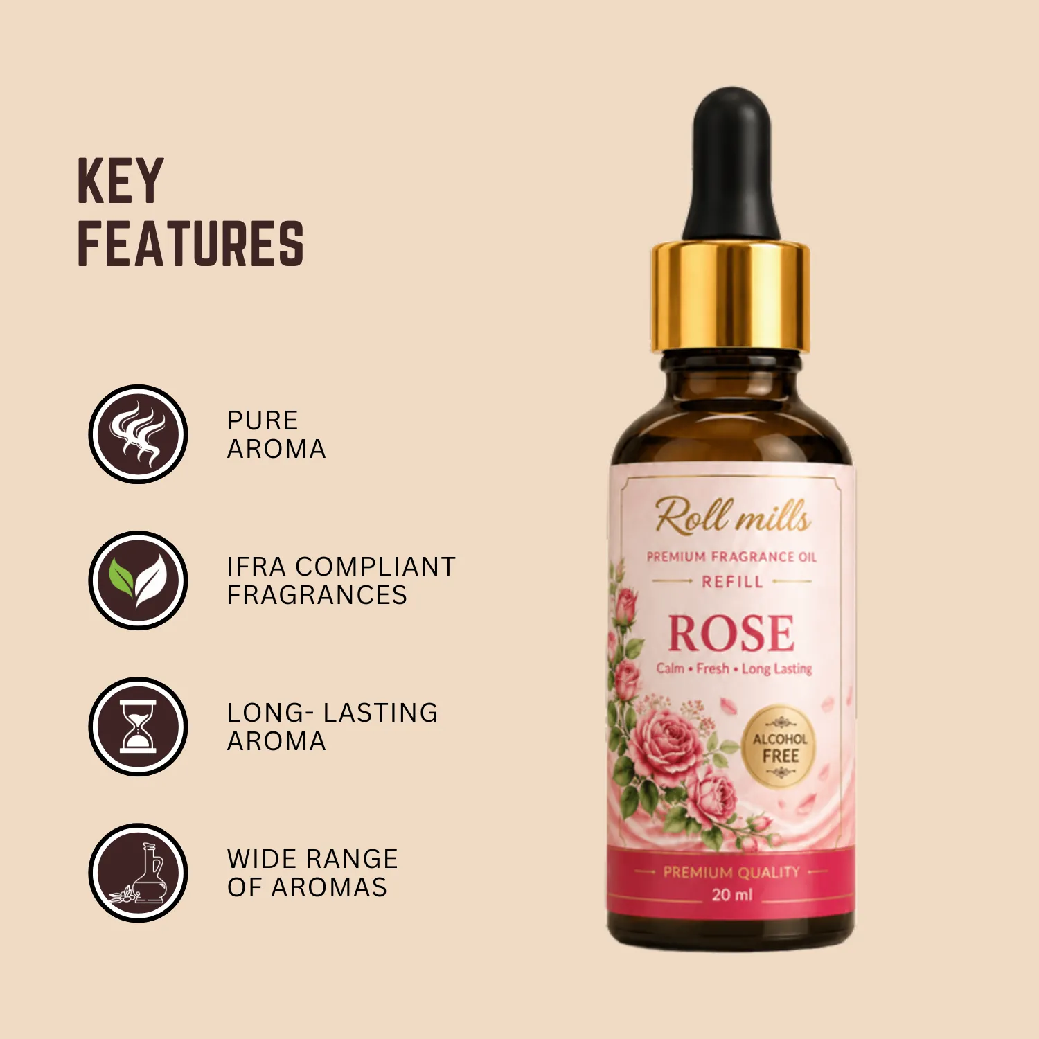 rose fragrance oil, alcohol free rose scent, roll mills refiller