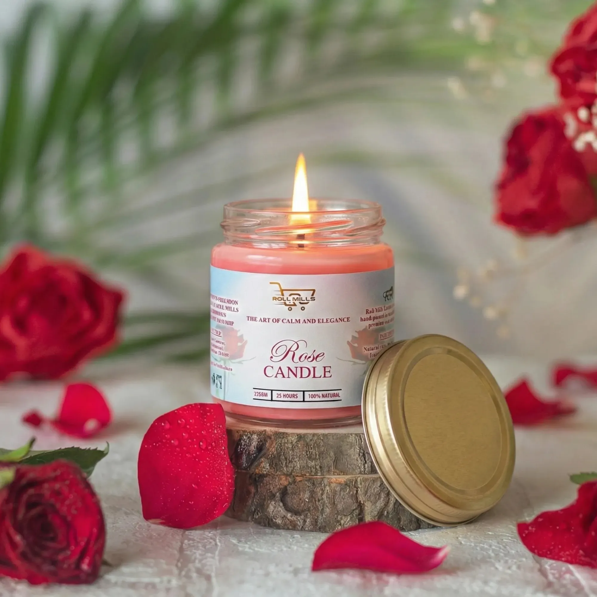 rose scented candle, floral aroma candle, rose fragrance candle, jar candle for home décor, romantic scented candle, aromatherapy candle rose, premium wax candle, long burning floral candle, home fragrance candle, natural rose candle