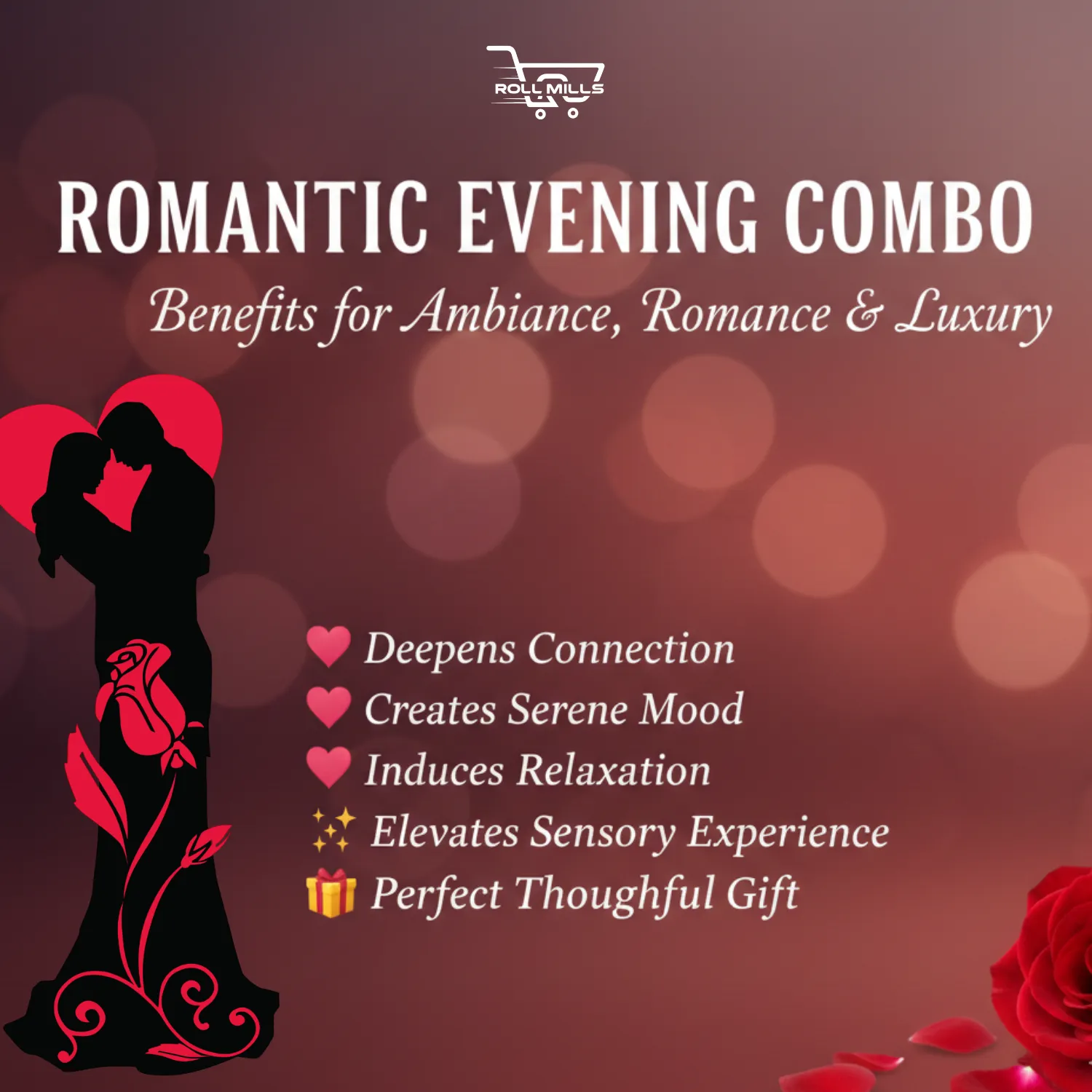 romantic candle gift, date night scent, luxury soy candle, Roll Mills romantic kit, anniversary gift set.