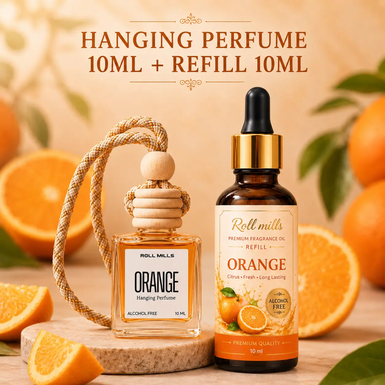 Premium Alcohol-Free Orange Hanging Car Perfume by Roll Mills – Long-Lasting Citrus Fresh Aroma Diffuser for Car & Home (10ml)