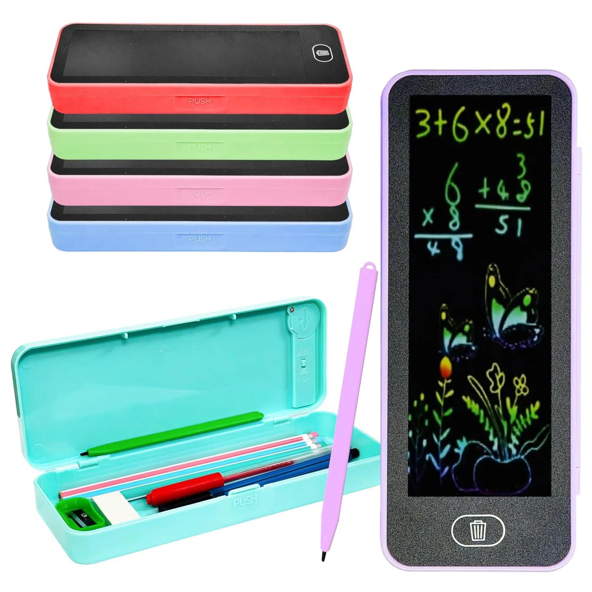 LCD writing pad, geometry box, Meesho stationery, 2-in-1 pencil case, kids writing tablet, reusable writing pad, LCD box, school pencil box