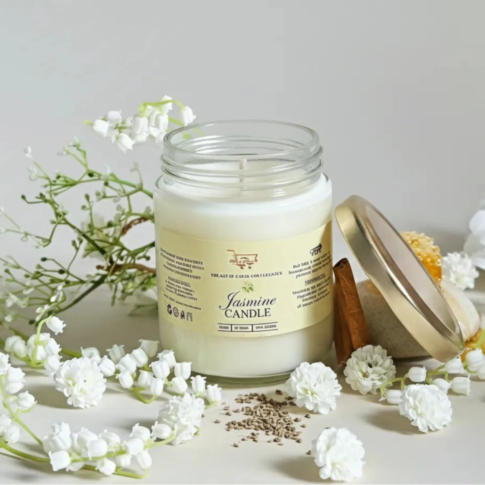 jasmine scented candle, floral aroma candle, jasmine fragrance candle, jar candle for home décor, relaxing scented candle, aromatherapy jasmine candle, premium wax candle, long burning floral candle, home fragrance candle, natural jasmine candle