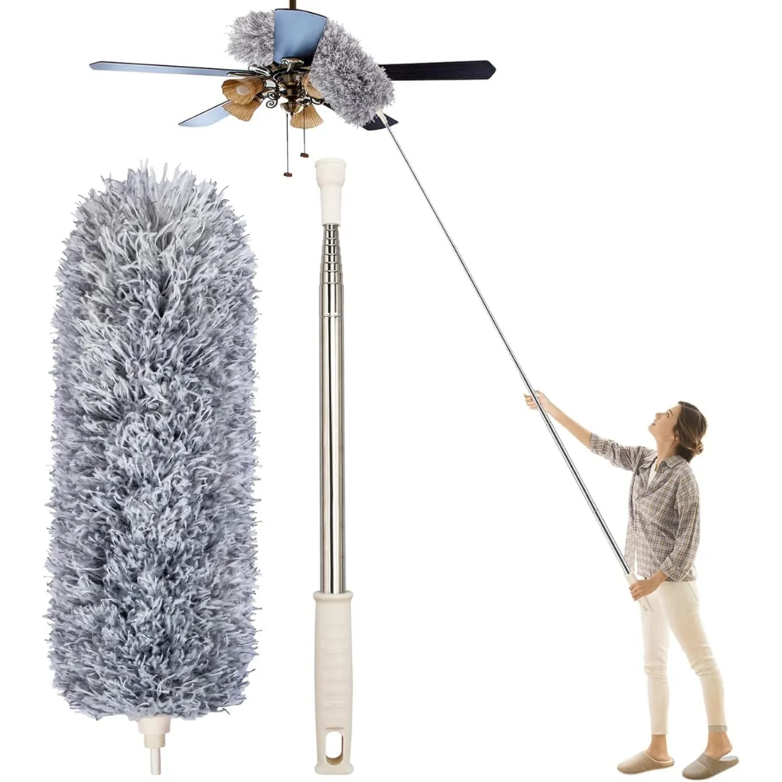 microfiber feather duster, extendable duster, 100 inch duster, bendable microfiber duster, high ceiling cleaner, fan duster, cobweb remover, washable microfiber duster, long reach dust brush, Roll Mills duster