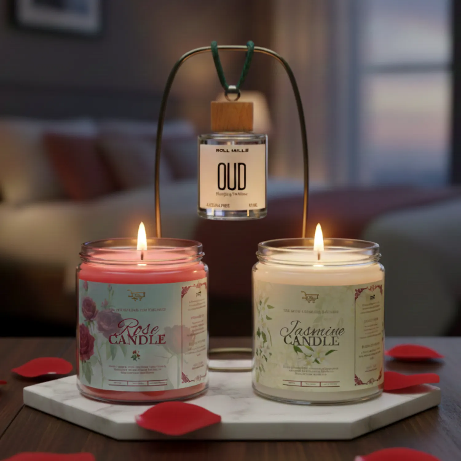 romantic candle gift, date night scent, luxury soy candle, Roll Mills romantic kit, anniversary gift set.