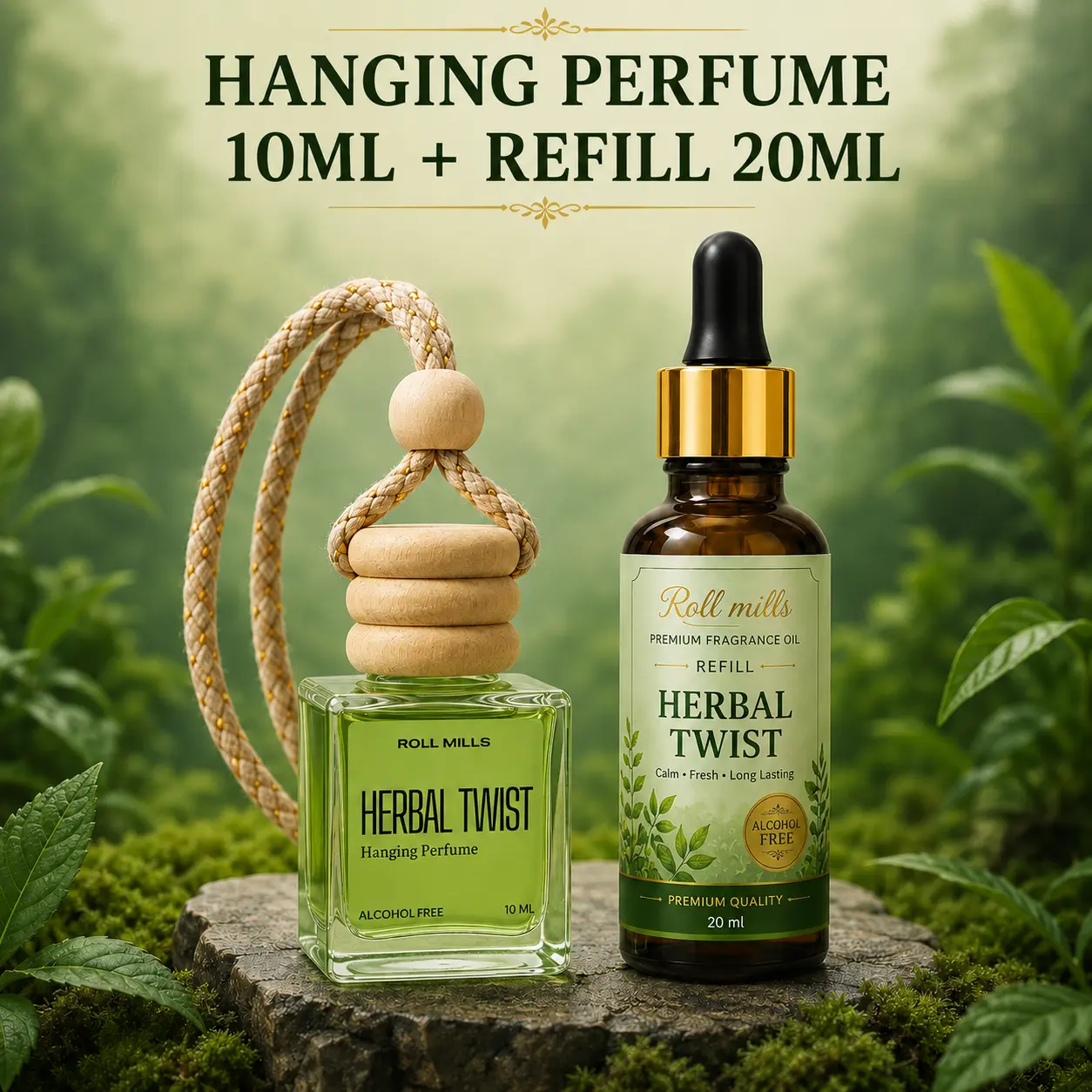 Premium Herbal Twist Hanging Car Perfume by Roll Mills – Alcohol-Free, Long-Lasting Natural Herbal Aroma Diffuser (10ml)