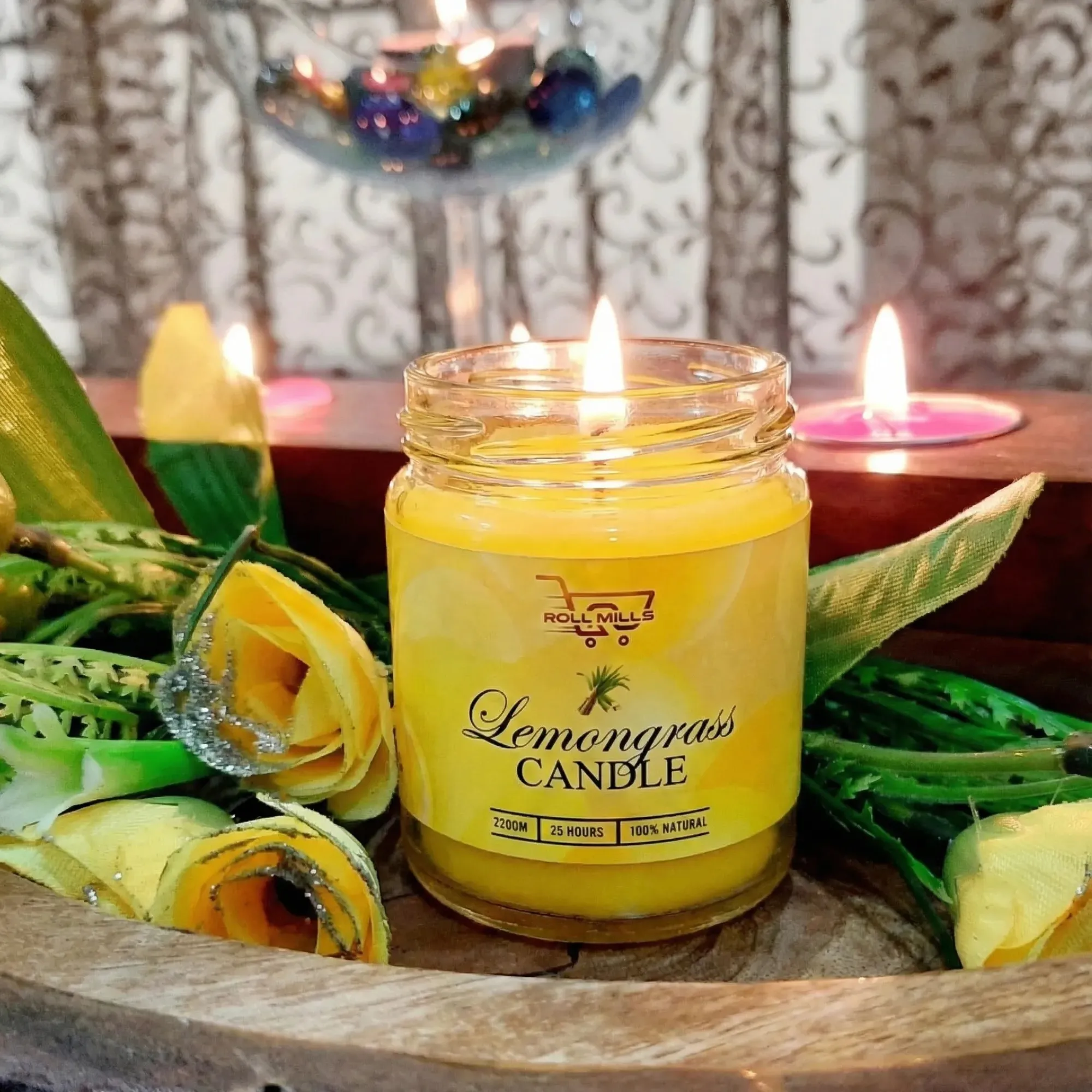 lemongrass scented candle, citrus candle, lemongrass jar candle, yellow glass scented candle, home fragrance candle, refreshing aroma candle, scented candles online, long-lasting scented candle, aromatherapy lemongrass candle, gift candle
