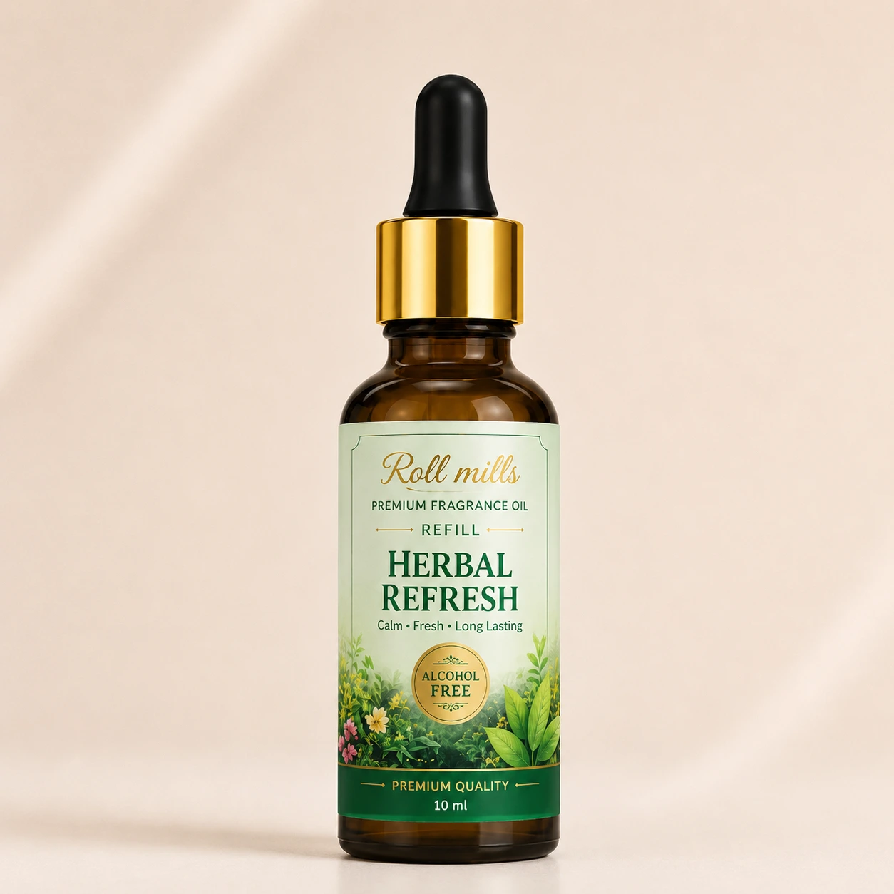 herbal refresh fragrance oil, alcohol free herbal, roll mills