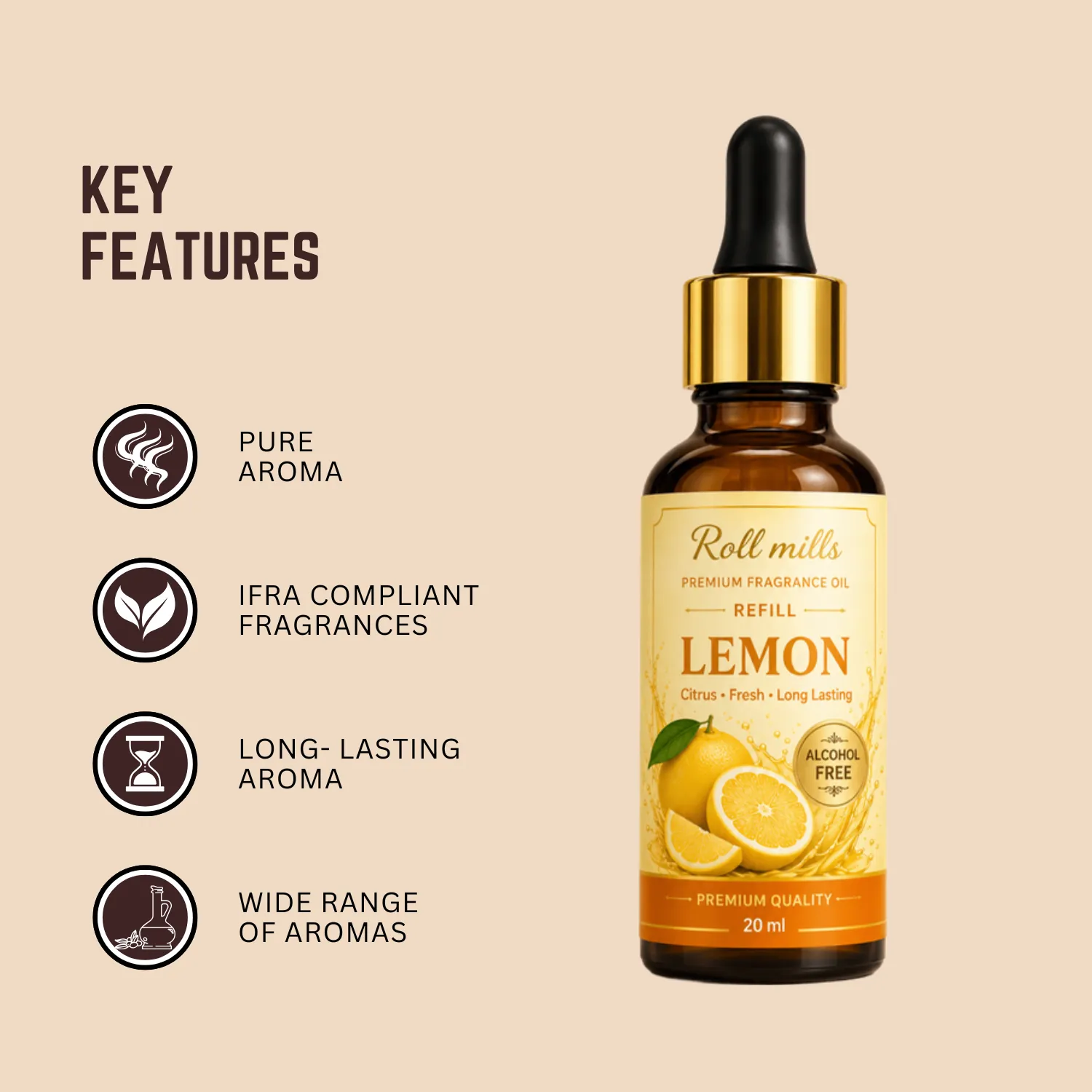 lemon fragrance oil, alcohol free citrus scent, roll mills refiller