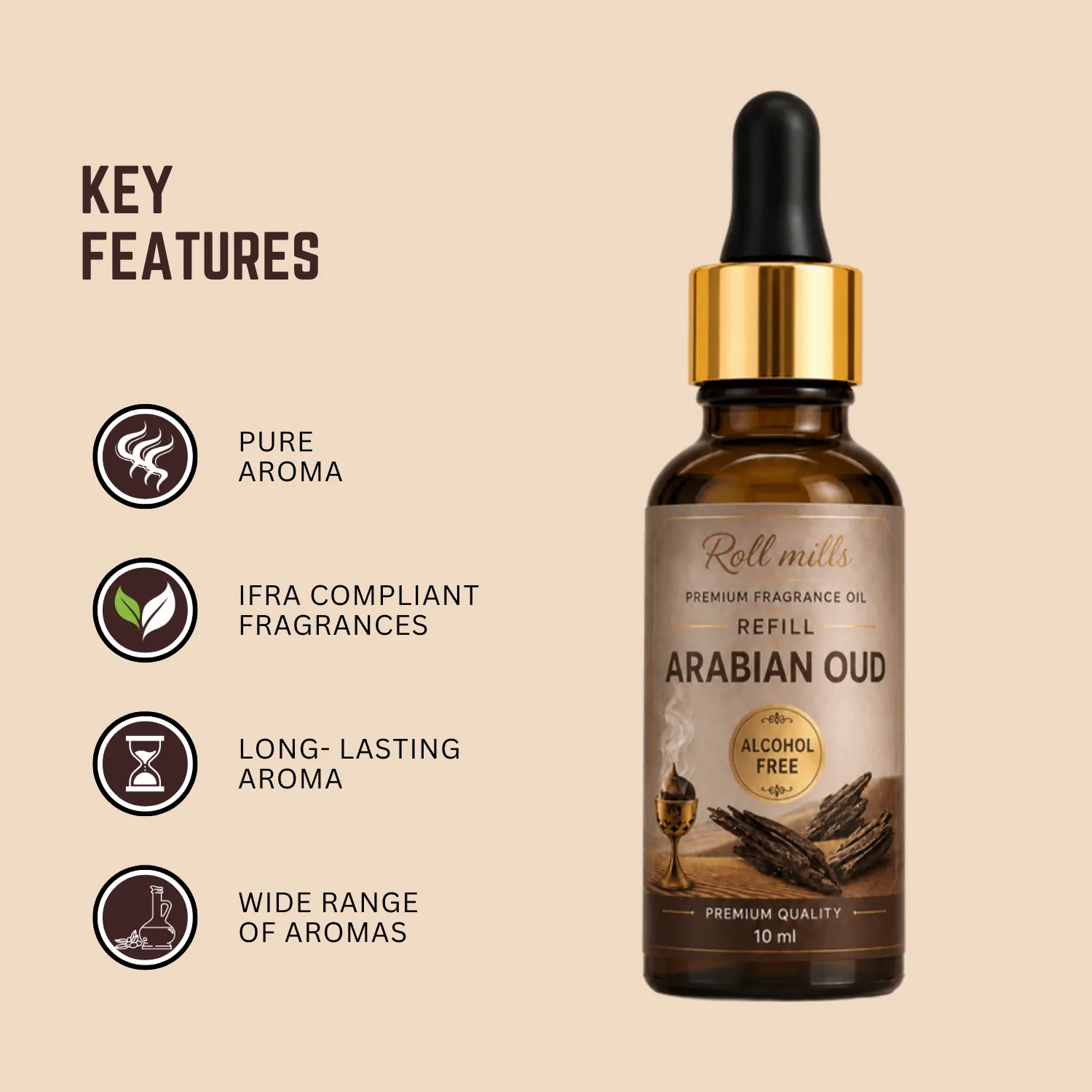arabian oud fragrance oil, alcohol free oud, roll mills refiller